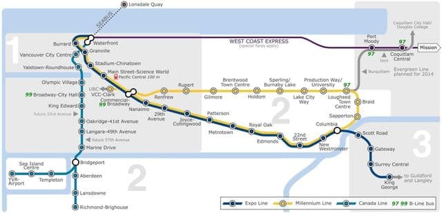 Mappa delle stazioni della metropolitana di Vancouver